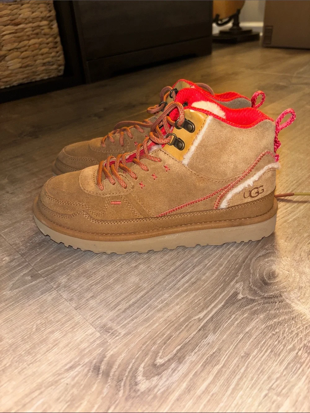 UGG Kids Tan Suede Boots with Orange Lining